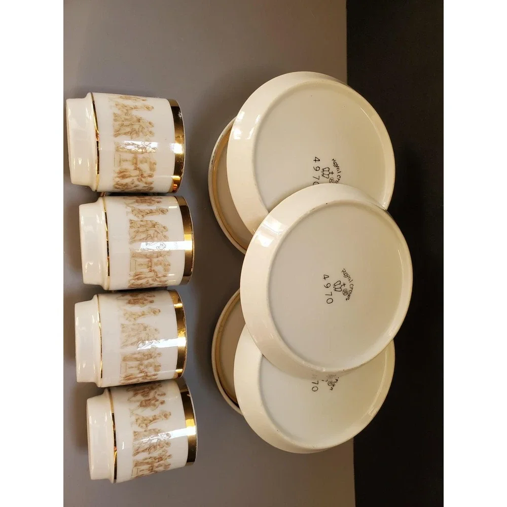 Royal Crown Espresso Cups & Saucers Set 6 Demitasse Gold Greek Key‎